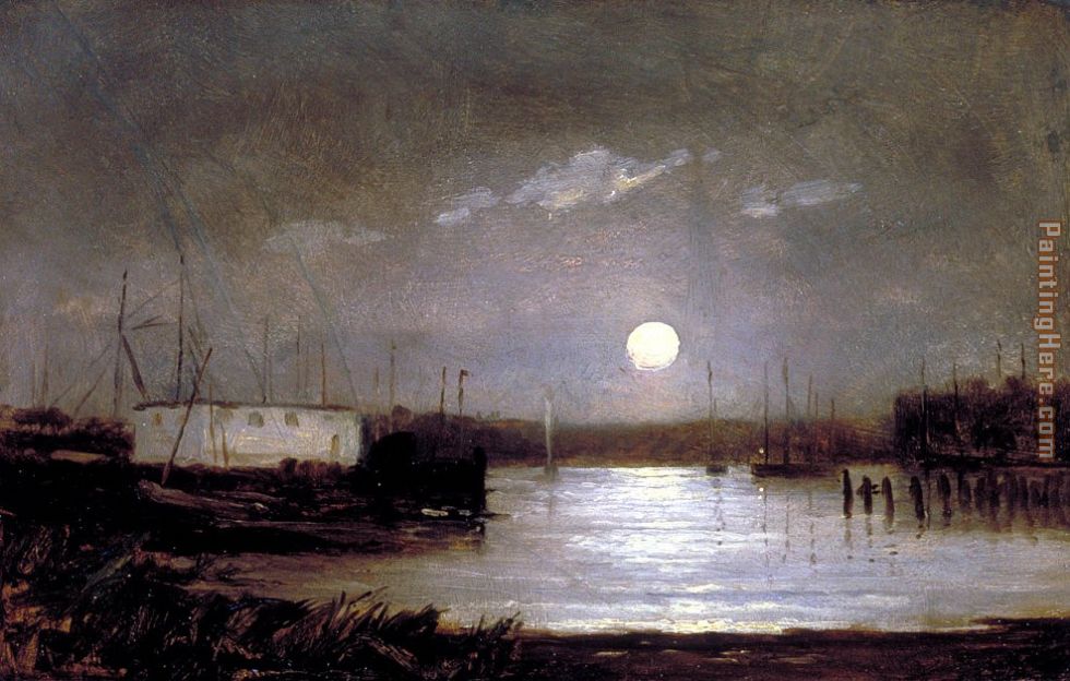 Edward Mitchell Bannister moon over a harbor, wharf scene with full moon and masts of boats